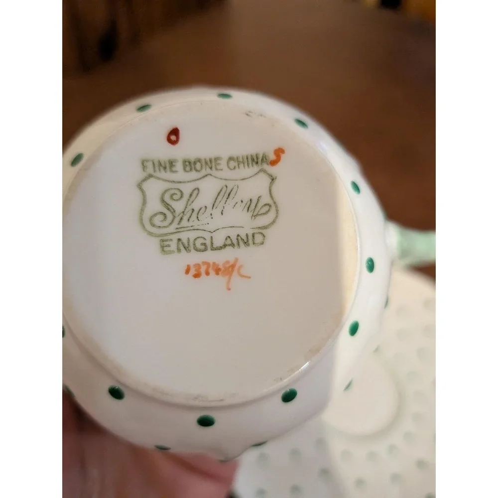Shelley England Dainty Green Polka Dot Teacup and Saucer Fine Bone China 13748